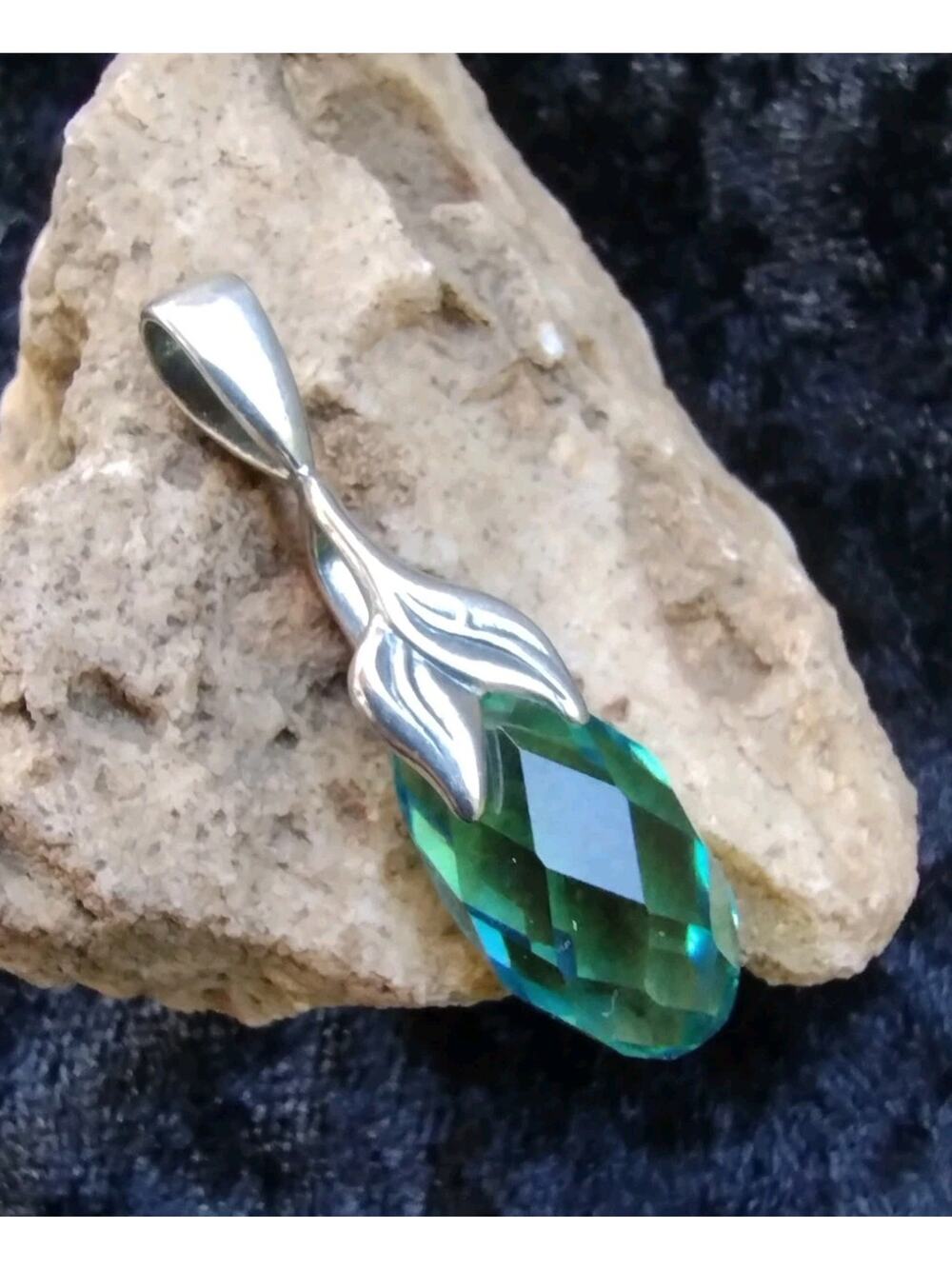 Swarovski Crystal Green Briolette & Sterling Silver Mermaid/ Fish Tail Pendant